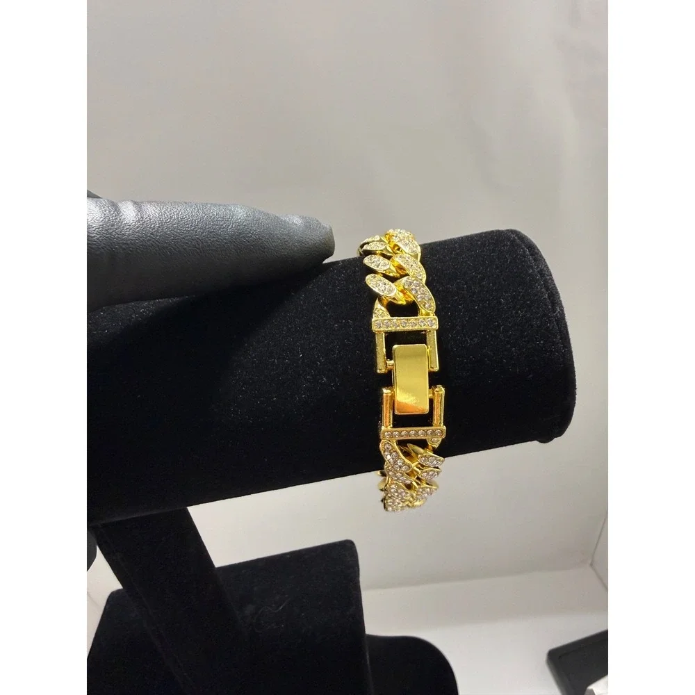 gold cuban bracelet vvscz stones over stainless 8inch 13mm